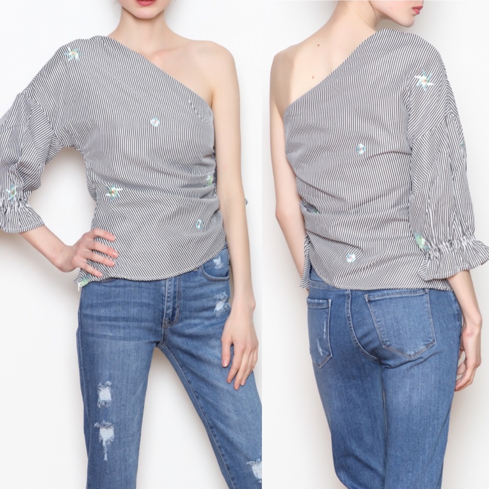 NEW Dance & Marvel Small One Shoulder Top Blouse Embroidered Stripe Floral